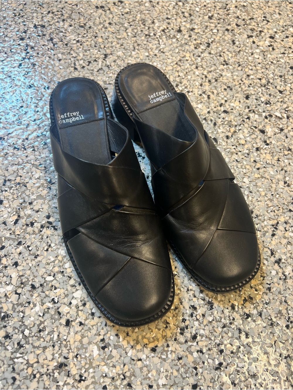 Jeffrey Campbell Black Crisscross Leather Slide Mules
